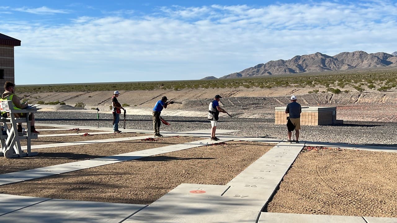 Trap shooting action at Clark County Shooting Complex, Las Vegas